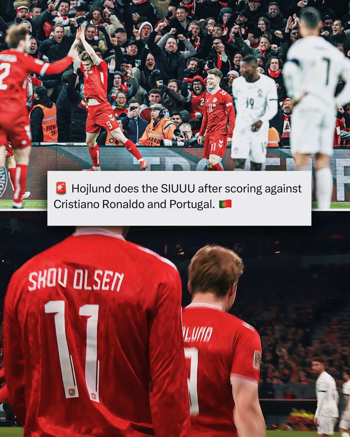 A post by @risingballers on TikTok caption: He hit it in front on CR7 🐐 his idol. #risingballers #rasmushojlund #hojlund #denmark #ronaldo #cristianoronaldo #cr7 #siuuuu #suiiiiiiiiiiiiiii #fyp 