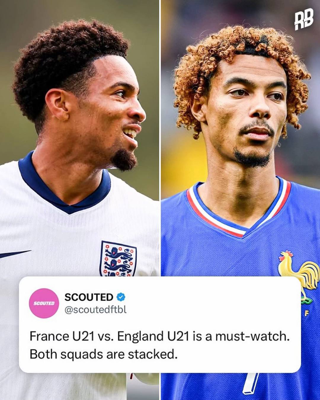 A post by @risingballers on TikTok caption: France U21s vs England U21s tonight. #england #france #risingballers #equipedefrance #englandfootball #footballtiktok #futbol #futebol #Soccer #soccertiktok #wonderkid #footy #4u #goviral #aura #bellingham #cherki 