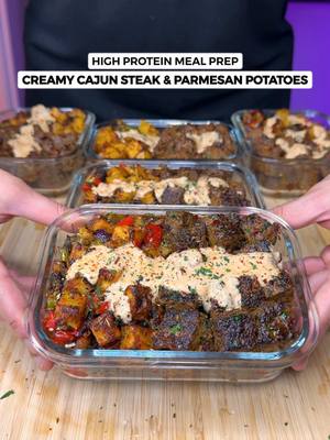 A post by @jalalsamfit on TikTok caption: High Protein Creamy Cajun Steak & Parmesan Potatoes🥩🍟 An absolutely phenomenal meal prep, incredibly delicious & easy to make! Every bite is bursting with flavor🤌🏽🤤 Macros Per Serving (5 Total) 578 Calories | 62g Protein | 46g Carbs | 18g Fat Ingredients (Makes 5) Cajun Steak Bites - 1000g Raw Topside/Top Sirloin Beef - 2 Tsp Salt - 2 Tsp Italian Herbs - 1.5 Tsp Chilli Flakes - 2 Tsp Garlic Powder - 2 Tsp Onion Powder - 2 Tsp Parsley - 2 Tsp Paprika - 3 Tsp Olive Oil - 20g Reduced Fat Butter - 20g Minced Garlic - 1 Tbsp Fresh Parsley, chopped • Cook on medium high heat for 3-4 mins each side till golden brown and seared. Then lower the heat, add garlic and parsley then mix Parmesan Crusted Potatoes - 800g Raw White Potatoes, cubed - 250g Broccoli Florets, chopped - 200g Red Onion, chopped - 200g Red Bell Pepper, chopped - 1.5 Tsp Garlic Powder - 1.5 Tsp Paprika - 1.5 Tsp Italian Herbs - 1.5 Tsp Parsley - 50g Parmesan, grated - 3 Tsp Olive Oil • Oven bake or air fry for 20-24 mins at 160C/360F. Making sure the broccoli doesn’t over cook and burn. Cajun Creamy Sauce - 10g Reduced Fat Butter - 1/2 Tsp Salt - 1/2 Tsp Paprika - 1/2 Tsp Garlic Powder - 1/2 Tsp Onion Powder - 1/2 Tsp Italian Herbs - 1/2 Tsp Parsley - 250g 1% Milk - 150g Light Cream Cheese - 40g Parmesan, grated Don’t forget to check out my Digital Cookbooks with 225+ delicious high protein recipes like this!👨‍🍳❤️ . . . . #steak #steakbites #cajun #parmesan #garlicparmesan #crispypotatoes #potato #fries #mealprep #highprotein #weightloss #healthyrecipes #EasyRecipes #mealprepideas #steaklover #fitness #jalalsamfit 