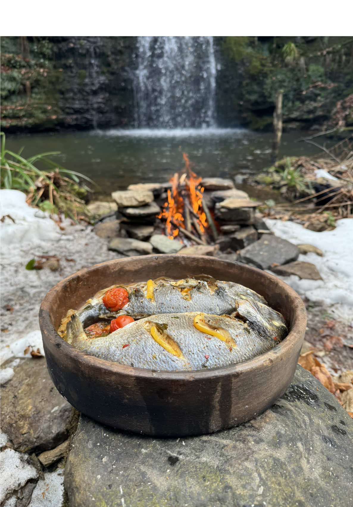 A post by @karadenizli.maceraci on TikTok caption: Güveçte Çipura (Çupra) Balığı 🐟 ❄️ Cooking bream fish in the waterfall stream 💦 #outdoorcooking #fish #balık #fishlovers #outdoors #camping #asmr #asmrvideo #foodvideos #forestchef #camping 