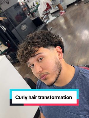A post by @ivanthegreat86 on TikTok caption: Curly hair transformation 💇🏻‍♂️ try this look out next time you see your barber #dallasbarber #fortworthbarber #menshairstyle #hairtransformation 