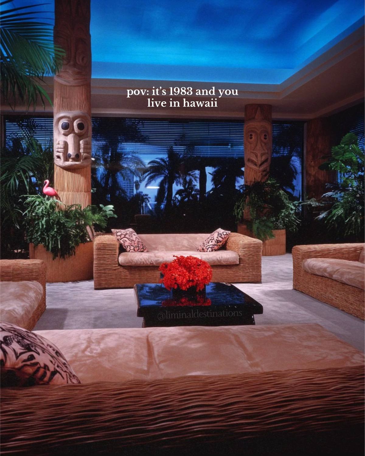 A post by @liminaldestinations on TikTok caption: POV: It’s 1983 and you live in Hawaii 🌺 [AI] #80s #1980s #interior #80sinterior #80sluxury #vaporwave #retro #vintage #liminal 
