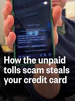 A post by @nbcnews on TikTok caption: This text message scam claims you owe unpaid tolls and E-ZPass bills — and NBC News’ Kevin Collier got a behind-the-scenes look at how advertised toolkits can allow scammers to more easily steal victims’ credit card information.