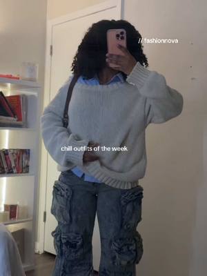 A post by @hbelllla on TikTok caption: it’s really the last few days of cold 🫶🏾 fingers crossed @Fashion Nova  Items: Nikki Non Stretch Acid Wash Cargo Jeans - Vintage Wash Cameroonian Textured Cardigan - Multi Color  Heavy Ribbed Pullover Sweater - Cream Chiara Faux Fur Trench - Cream Tahlia Non Stretch Wide Leg Jeans - Light Wash #whatiworethisweek #chilloutfits 