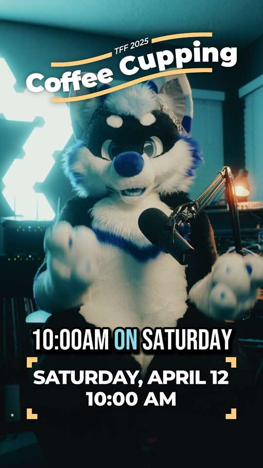 A post by @ on TikTok caption: Calling all coffe lovers! The TFF coffee cupping is back for 2025! See you there! #furry #fursuit #coffee 