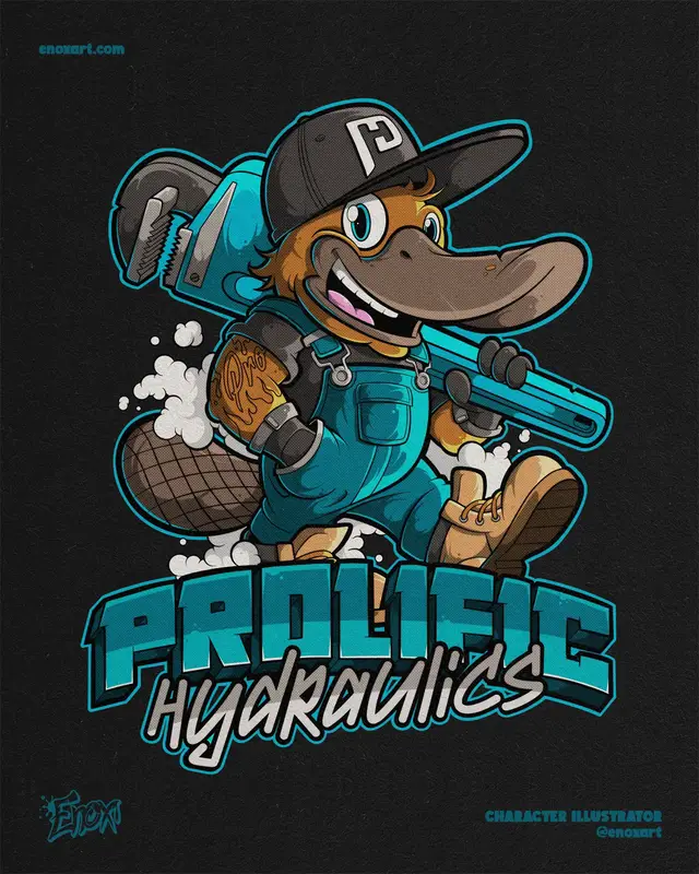 A post by @enoxart on TikTok caption: Had fun coming up with this brand new mascot character for the team at @prolific.hydraulics for new stickers and tees for their customers. Straya! 🇦🇺  #platypus #straya #mascot #mascotlogo #mascotdesign #merchdesign