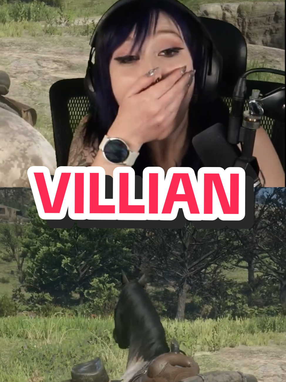 A post by @itsqueenmanda on TikTok caption: I'm not a villian 🤠 #rdr2 #rdr2clips #funny #gamergirl #twitchstreamer #twitch 