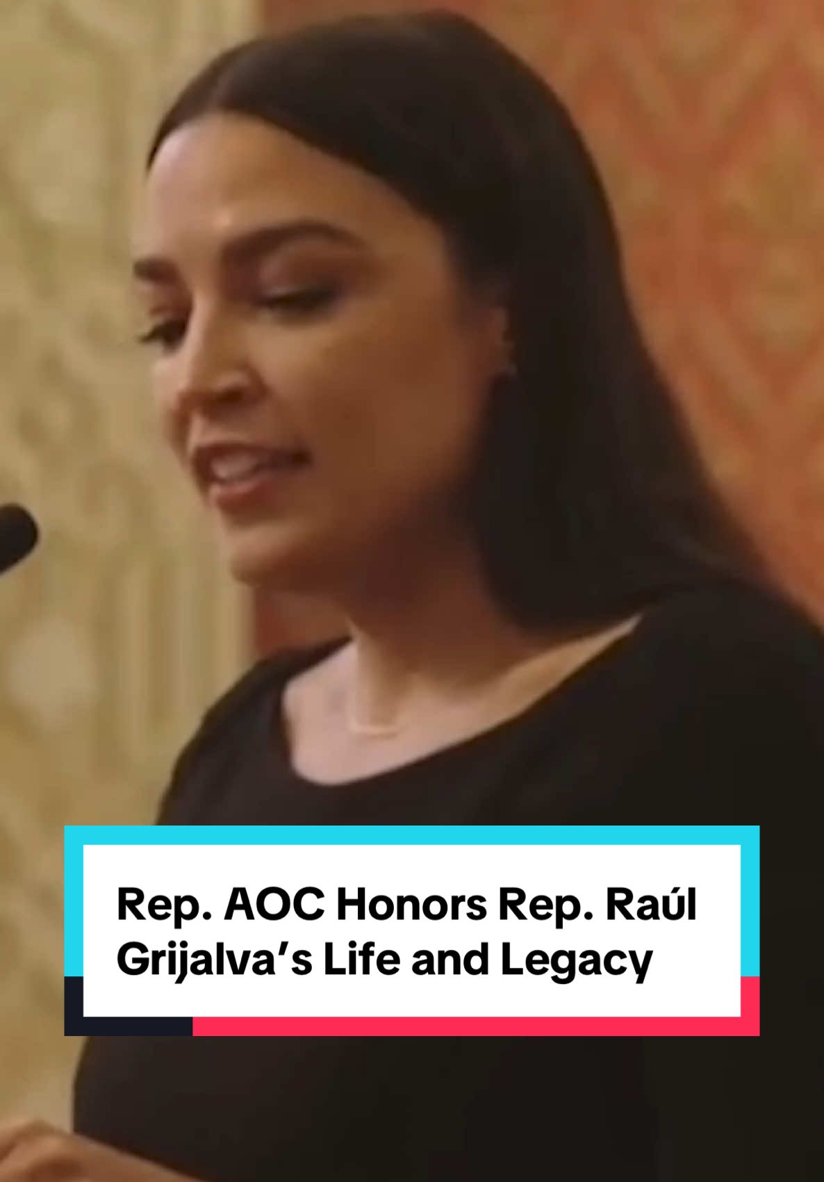A post by @aocinthehouse on TikTok caption: Today in Tucson, we gathered to celebrate the life of Rep. Raúl Grijalva. May we all learn from his example. To live generously. Wield what we can for others. And let our sense of humanity lead the way. Que descanse en paz🕊️