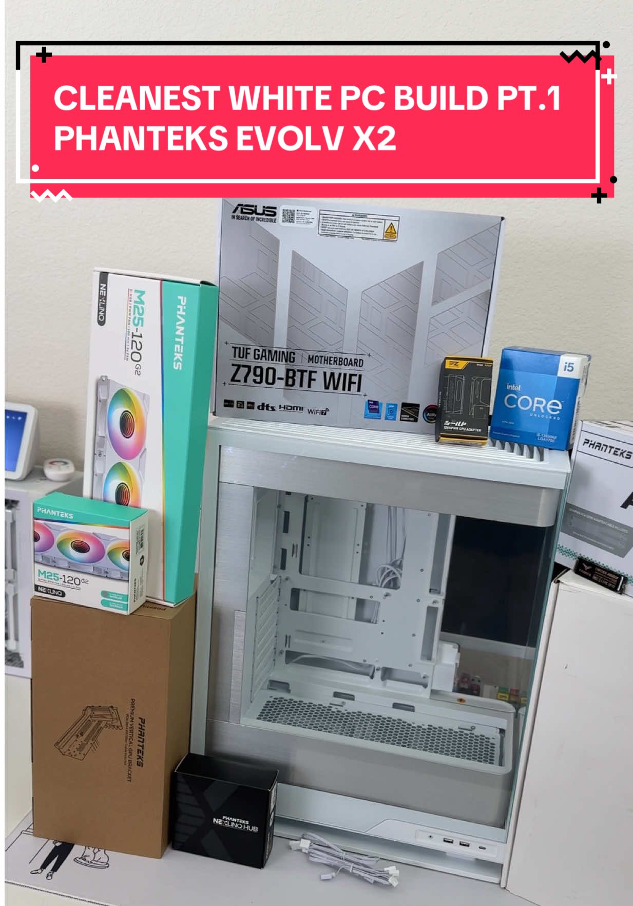 A post by @hapathunder on TikTok caption: Building The Cleanest White Gaming PC: Part 1 - @Phanteks Evolv X2 Mid-Tower Case | @ASUS North America Z790 Motherboard | @Intel Corporation 13th Gen Processor | @Crucial Memory Ram | @TEAMGROUP m.2 storage #phanteks #phanteksevolvx2 #evolvx2 #pcbuild #custompc #custompcbuild #tech #techtok #hapathunder #blendedgtalks #fypシ @Blended Group 