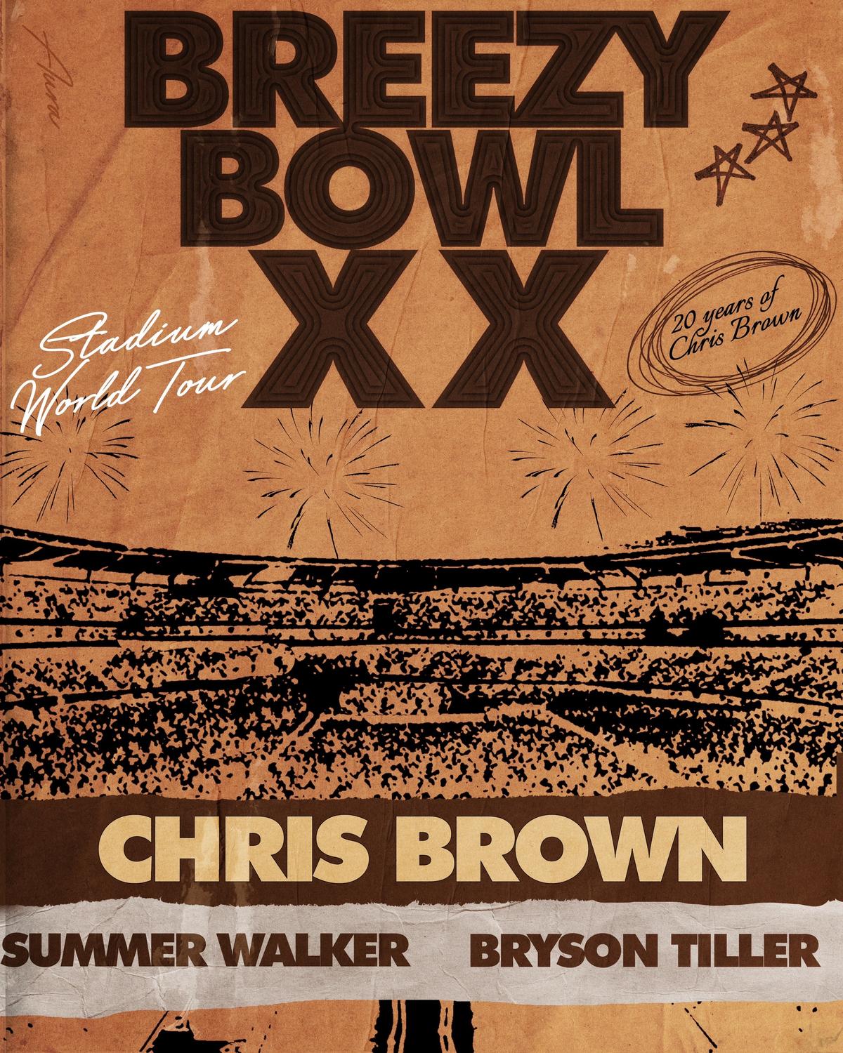 A post by @chrisbrownofficial on TikTok caption: BREEZY BOWL 20XX SOME DATES ARENT ON THE FLYER YET BUT WE ARE ADDING MORE CITIES.  Celebrating 20 years of CB❤️❤️❤️❤️❤️❤️