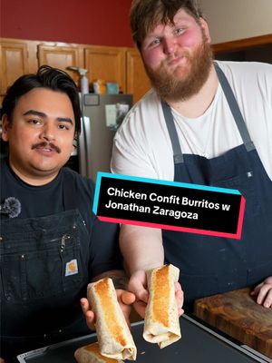 A post by @chefzealand on TikTok caption: @Jonathan Zaragoza showing me how it’s done with a BANGIN chicken burrito 😤 Ingredients:  Chicken Confit:  4 chicken quarters  2 tbsp ancho chili powder  1 tbsp chipotle chili powder  1 tbsp garlic powder  2 tsp black pepper  1 tbsp sugar  3/4 tbsp cumin  1 tbsp salt  1 stick cinnamon  2 bay leaves  Oil to cover  Mexican Rice:  3 cups long grain rice  5 cups water  1 cup Roma tomatoes, diced  3 tbsp neutral oil  1/4 cup chopped white onion  3 tbsp chicken bouillon  1 tbsp minced garlic  1 tbsp sazon  1 tsp salt  Homemade Tortillas:  2 cups AP flour  1 1/2 tsp baking powder  1 1/2 tsp salt  3 tbsp confit fat  3/4 cup warm water  Poblano Rajas:  1 tbsp neutral oil  1 tsp salt  2 1/4 cups julienne white onion  1 tbsp minced garlic  2 cups julienne poblanos  Assembly:  Oaxaca Cheese  Monterey Jack Cheese  Chihuahua Cheese  Grilled corn  #burrito #chickenburrito #collab #mexicanrice #food #foodie #chef #recipe #fyp 