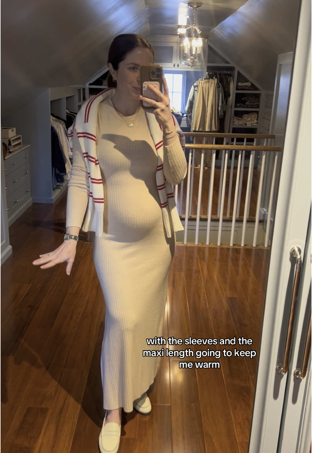 A post by @kellymccoyd on TikTok caption: Spring outfit idea! Dress is old from Splendid #bumpstyle #pregnancystyle #springoutfitideas #springstyle #loaferoutfit #howtostyleloafers #knitdressoutfit 
