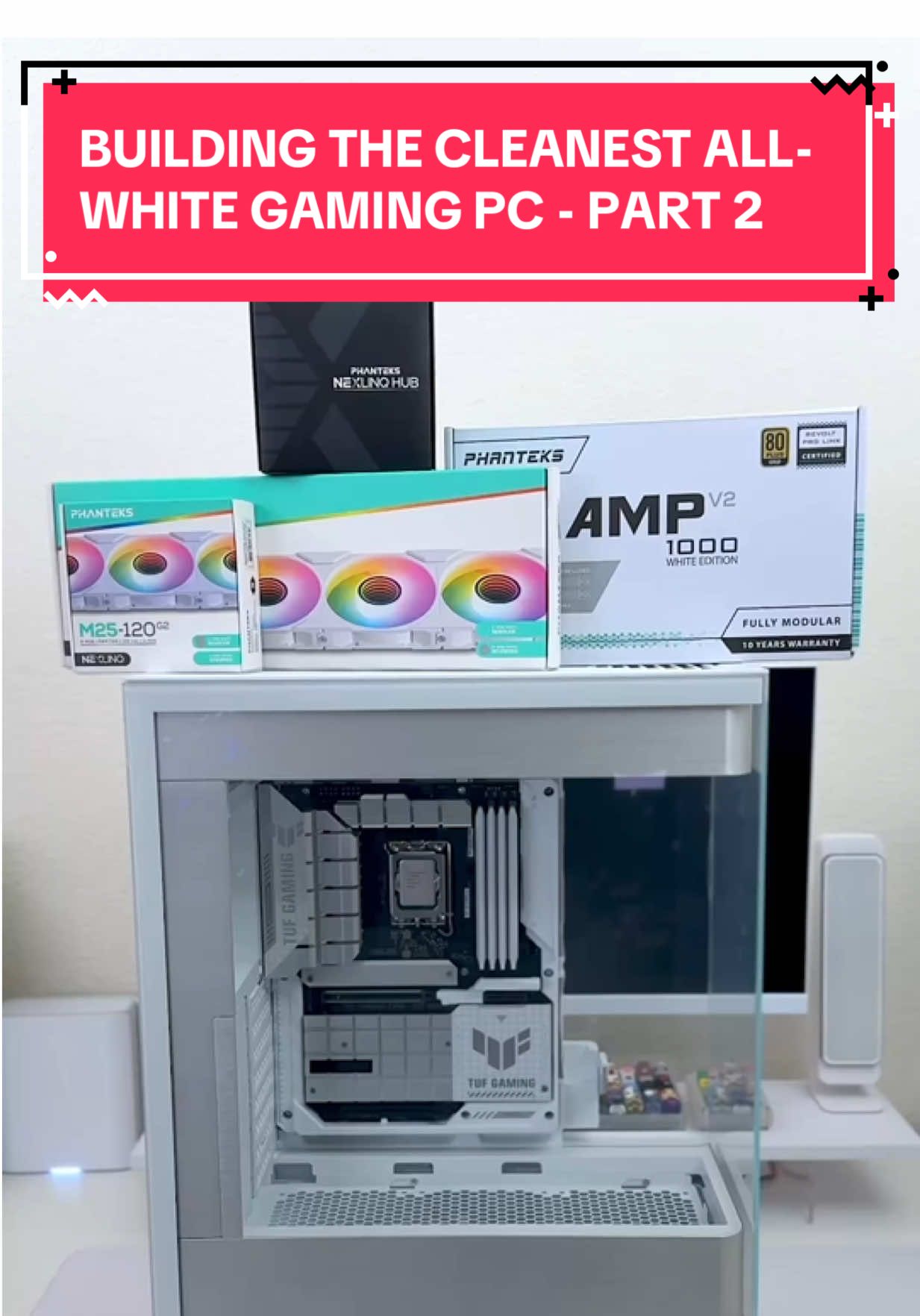 A post by @hapathunder on TikTok caption: Building The Cleanest All-White Gaming PC: PART 2 - Adding @Phanteks M2 Fans, X2 AIO & AMP 1000 Power Supply 🤩🤍 #phanteks #phanteksevolvx2 #evolvx2 #pcbuild #custompc #custompcbuild #tech #techtok #hapathunder #blendedgtalks @Blended Group 