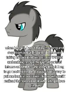 A post by @cedar_the_critter on TikTok caption: there's only a few things the MLP fandom did right, one of them was making Doctor Whooves a thing and then discording him before making tween/young teen me obsessed with him for a good long while . . . . . . . . . . . . . . . . peekaboo, just putting down tags :3 #tumblr #discordedwhooves #doctorwhooves #mlp #mylittlepony #mlpfim #mlpfandom #fictionalcrush #childhoodcrush #fyp #foryou #foryoupage 