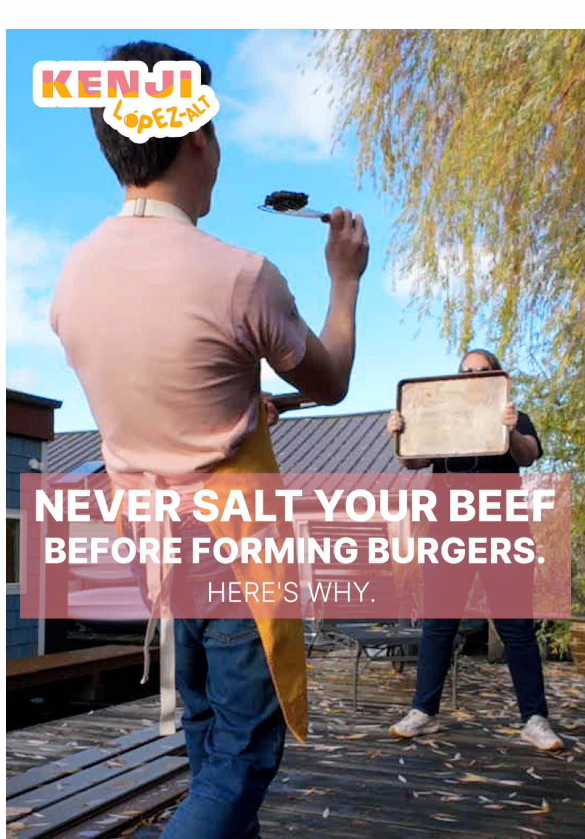 A post by @j.kenji.lopezalt on TikTok caption: Want more tender, juicy burgers? Don’t salt them until *after* you’ve formed the patties. Here’s why. Get the full recipe and video for my favorite burgers on my free Patreon or on my YouTube channel.