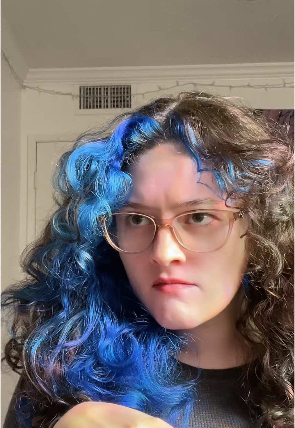A post by @lololand_17 on TikTok caption: I think instead of a Disney princess I grew up into this stressed out teacher ☠️  #theincredibles #fyp #blue #bluehair #comedy 