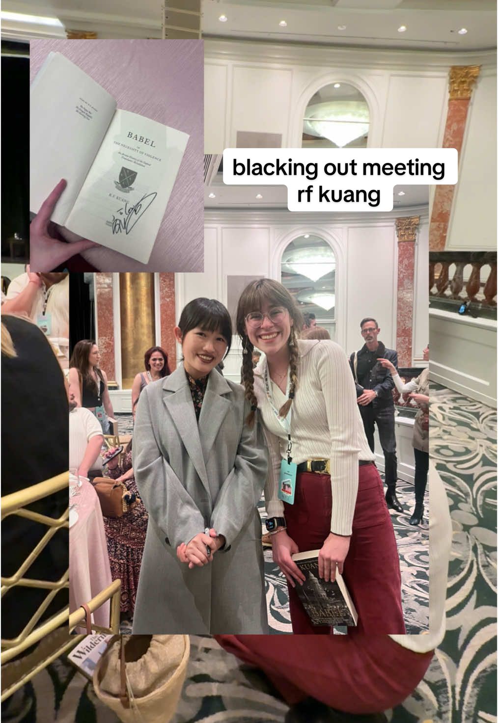 A post by @newlynova on TikTok caption: so glad rf kuang knows me only by how i look when i’m sobbing (she is extremely nice and talented) (i blacked out) (who let me do this) #rfkuang #babel #newlynova 
