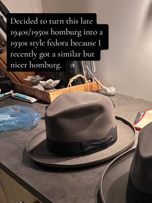 A post by @slouchcore on TikTok caption: So I removed the ribbon on the brim, steamed and pressed it out and then I had a hatmaker shorten the brim for that typical 1930s look; meaning a short brim and tall crown. The straight center crease in the fedora is also very typical for European 1930s/1940s fedoras unlike American ones that often had a “tear drop” shape in the crown.