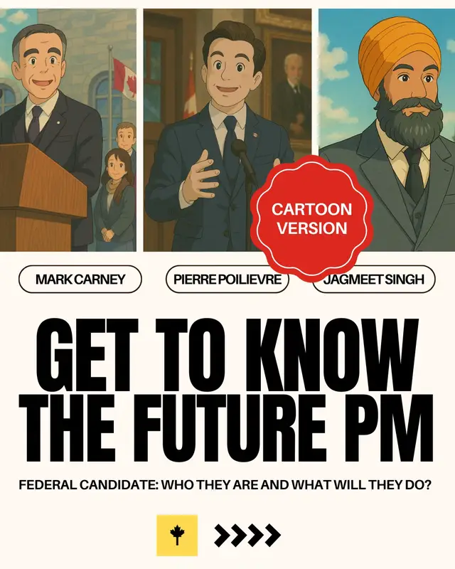 A post by @maxmedyk on TikTok caption: All 3 candidates. Objective, not boring. Who are you supporting? #markcarney #pierrepoilievre #jagmeetsingh #studioghibli #canada