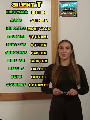 A post by @aprendoinglescantando on TikTok caption: ¿Sabías que en inglés hay palabras donde la letra “T” NO se pronuncia? Muchos cometen este error al hablar, pero hoy te enseño cómo se dicen correctamente. Palabras como “Listen”, “Fasten”, “Soften” y más, tienen una “T” silenciosa que debes evitar pronunciar si quieres sonar natural. En este video aprenderás: 	•	Por qué la “T” no se pronuncia en algunas palabras. 	•	Ejemplos claros y fáciles de recordar. 	•	La pronunciación correcta para que mejores tu inglés. Comenta cuál de estas palabras te sorprendió y si quieres que hagamos más videos como este. #PronunciaciónEnInglés #Tsilenciosa #ErroresDeInglés #AprenderInglés #InglésFácil 