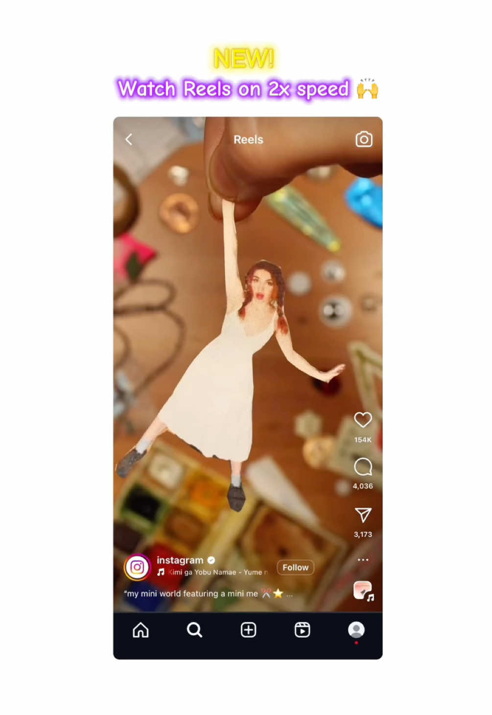 A post by @instagram on TikTok caption: NEW! 2x speed on Reels — breathing life into art 🎨✨ Tap and hold on the left or right side of your screen to activate 👆📲 Video by @dessiejackson 