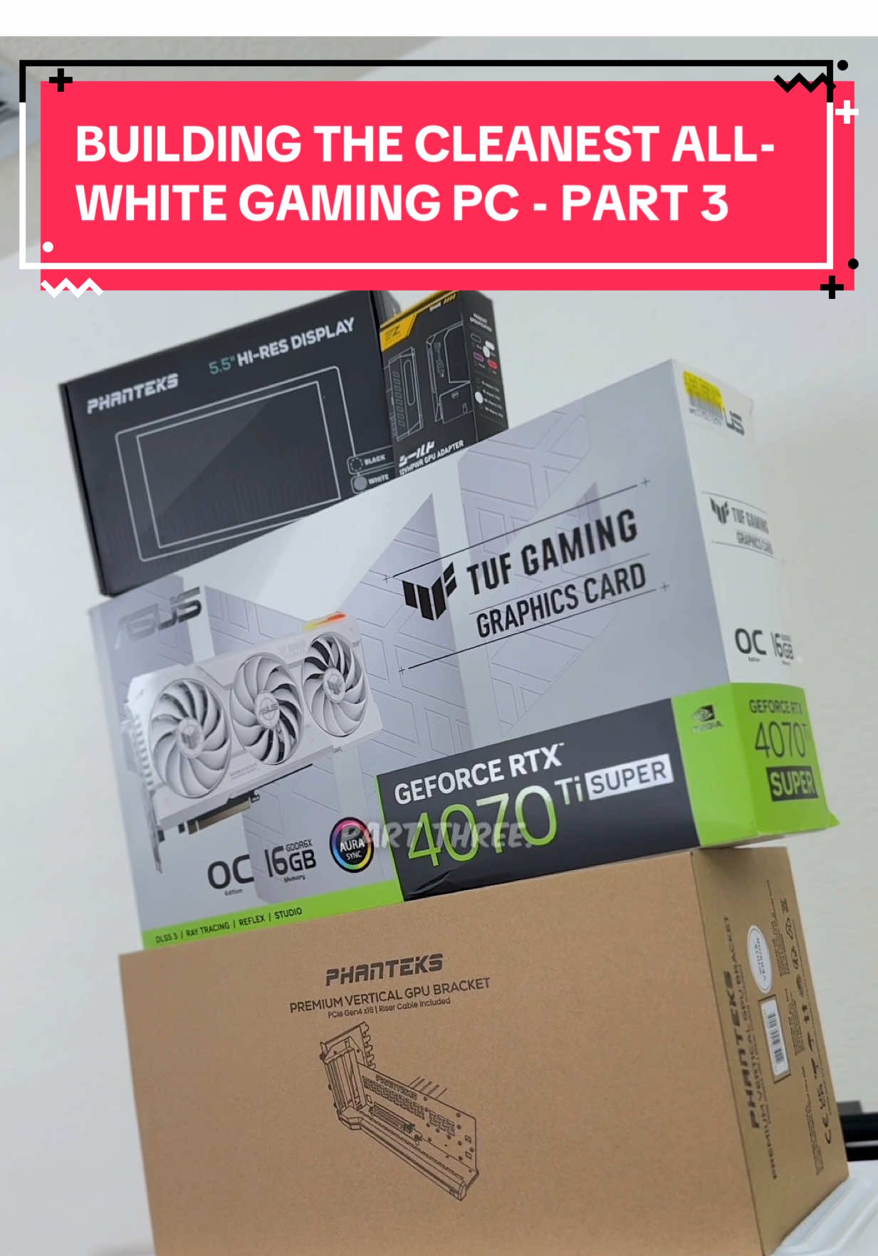 A post by @hapathunder on TikTok caption: Building The Cleanest All-White Gaming PC: PART 3 - Adding a @Phanteks Vertical GPU Bracket / 5.5” Screen, @ASUS North America Tuf Gaming 4070 Ti Super & @EZDIY-FAB 12VHPWR Adapter #phanteks #phanteksevolvx2 #evolvx2 #pcbuild #custompc #custompcbuild #tech #techtok #hapathunder #fypシ @Blended Group #blendedgtalks #fypシ 