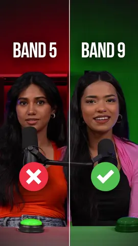 A post by @ieltsadv on TikTok caption: Real student answers compared side by side—learn how to go from Band 5 to Band 9 in the IELTS Speaking test!