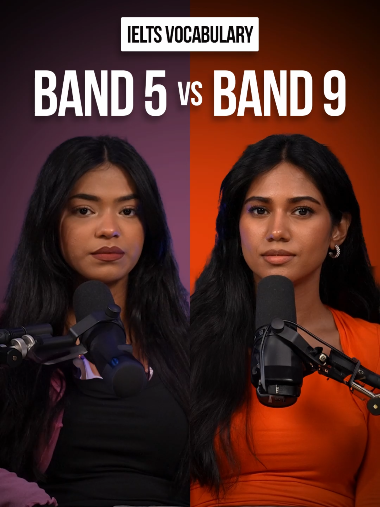 A post by @ieltsadv on TikTok caption: Two students. Same IELTS question. One uses basic vocabulary, the other uses advanced words—watch the difference!
