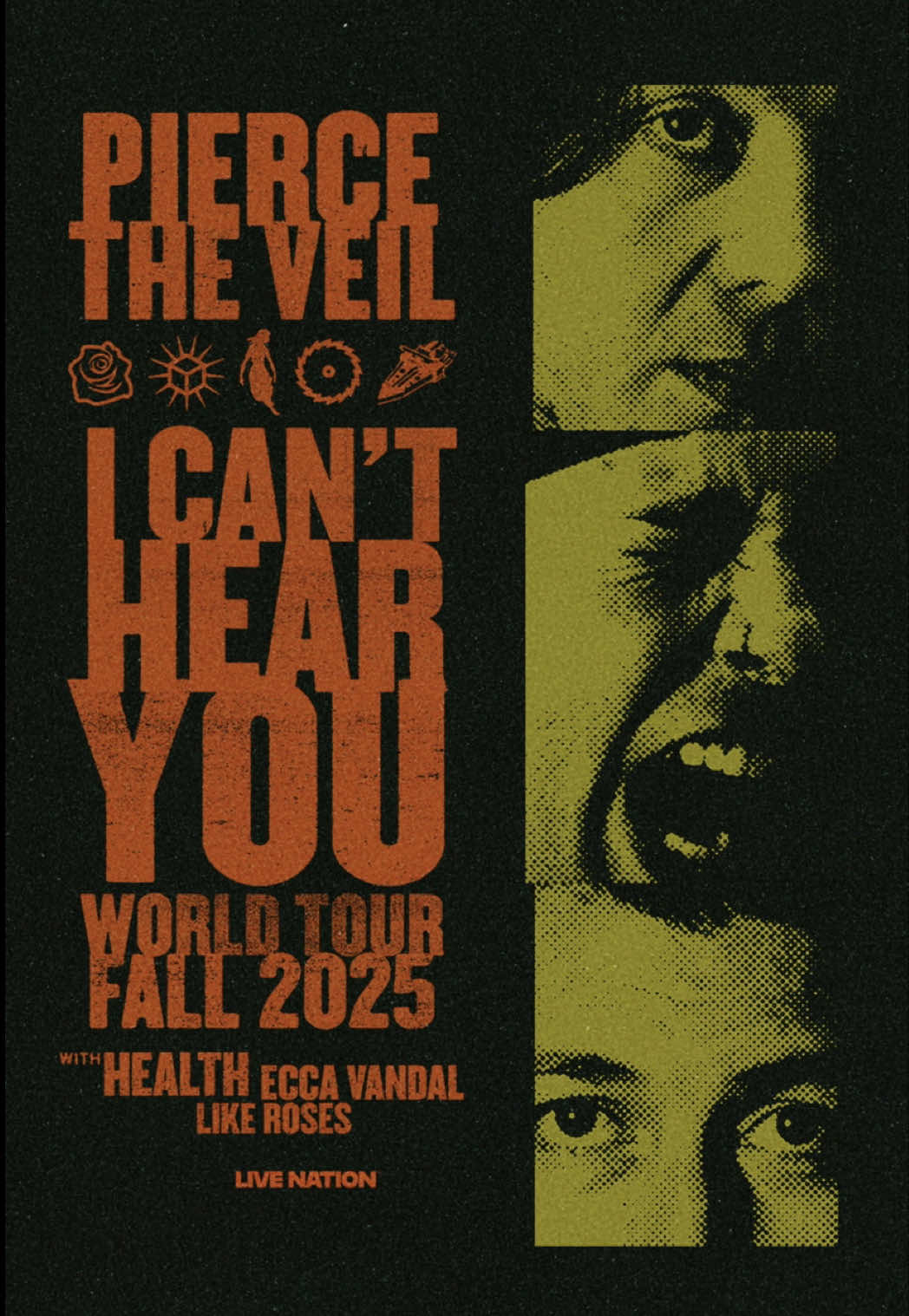 A post by @piercetheveil on TikTok caption: ARE YOU LISTENING? NEW U.S. DATES ADDED WITH @HEALTH, @Ecca Vandal, & @like roses. I CAN’T HEAR YOU WORLD TOUR 2025.  PRE-SALE APRIL 2 AT 10AM LOCAL. SIGN UP ON OUR WEBSITE FOR ACCESS. GENERAL TICKETS ON SALE APRIL 4TH AT 10AM LOCAL.