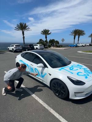A post by @kazsawyer on TikTok caption: Btw I do NOT support the people vandalising teslas… I actually think Elon is quite a cool guy 😎#fyp #aprilfools #prank 