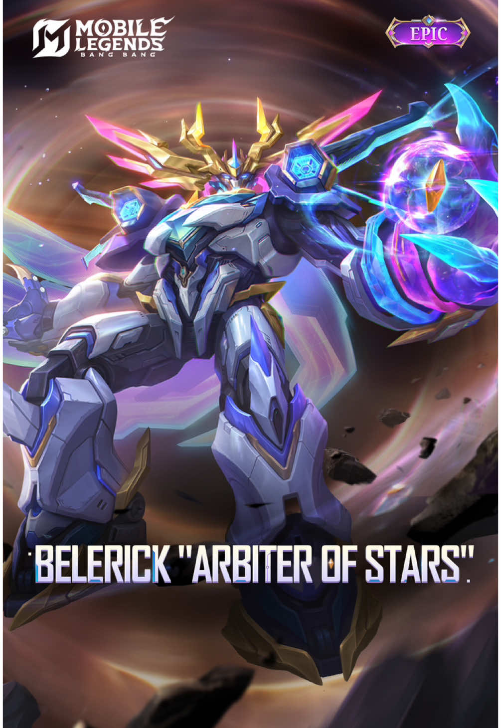 A post by @mobilelegends_id on TikTok caption: Skin EPIC Belerick "Arbiter of Stars" akan segera hadir! Dapatkan bocoran efek visualnya dalam game! Tonton videonya untuk melihat Belerick dengan skin barunya! #MobileLegendsBangBang #mlbbnewskin