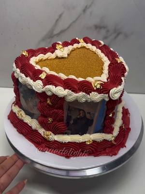 A post by @naedelights on TikTok caption: ♥️👑 - - - 8inch Heart cake  - - - #naedelights #cake #cakes #heartcake #red #gold #white #edibleimages #vintagepiping #baking #smallbusiness #smallbusinessowner #supportsmallbusiness #womanownedsmallbusiness #nj #njbaker #treats #dessert #desserts #ordernow #customcake 