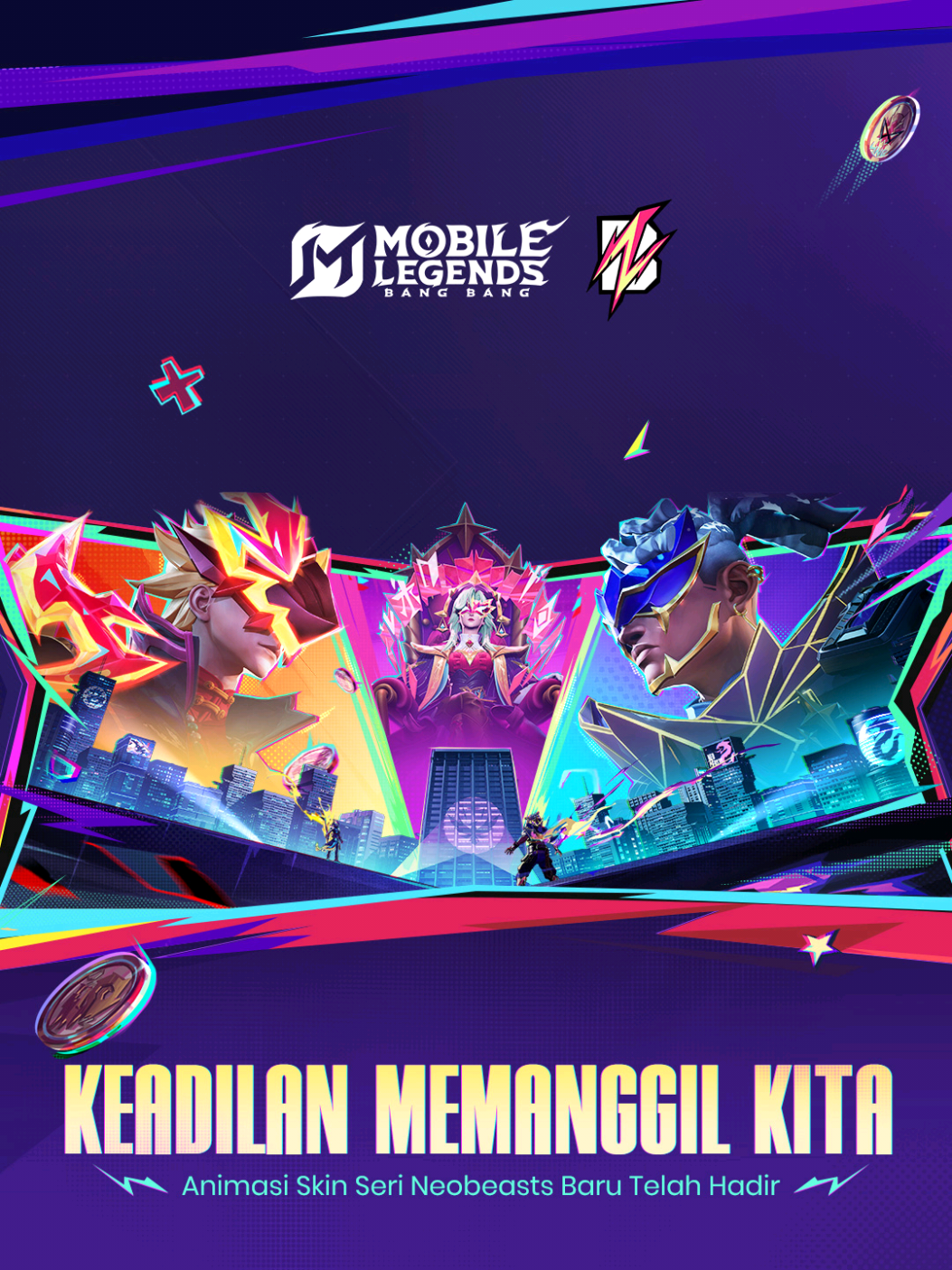 A post by @mobilelegends_id on TikTok caption: Animasi skin seri Neobeasts telah hadir! Skin baru ini akan hadir pada 12/04! Kisah apa yang akan terungkap di kota yang ramai ini? Dengan tiga karakter baru: Ling "Neobeast Ling", Pharsa "Neobeast Pharsa", dan Brody "Neobeast Brody"! Jangan lewatkan animasi dan lagu baru berjudul "Keadilan Memanggil Kita" yang akan segera hadir! #MobileLegendsBangBang #mlbbnewskin #MLBBNeobeasts 