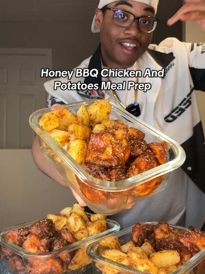 A post by @cookwithquise on TikTok caption: Honey Barbecue Chicken And Potatoes Meal Prep (Makes 3 Servings) Macros: 495 Calories | 65.5g Carbs | 5g Fat | 53.8g Protein Ingredients: 24oz Boneless Skinless Chicken Breast 888g Russet Potatoes 2 Tbsp cornstarch 3/4 Cup Sugar Free BBQ Sauce 1 Tsp Honey Lemon Juice Instructions: Dice Potatoes Into 1 Inch Cubes. Boil for 5 Minutes. Season and Bake at 350 for 30 Minutes. Dice & Season Chicken Breast. Coat In Cornstarch. Airfry at 390 for 12 minutes. Simmer BBQ Sauce, Honey, & Lemon Juice. Coat Cooked Chicken In BBQ sauce. Divide Chicken & Potatoes evenly 3 Ways. Serve & Enjoy! #chicken #chickenrecipe #bbq #potato #meal #mealprep #mealideas #mealprepideas #honey #lowcalorie #highprotein #highproteinmeals #mealprepping #lowcalorierecipes #healthyrecipes #easyrecipe #highproteinrecipes 