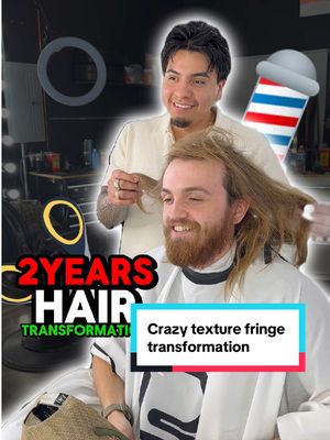 A post by @j_da_barberr on TikTok caption: Insane receding hairline transformation. My client drove all the way from Kansas City with his girlfriend. She found me on social media and she wanted his boyfriend to get a new haircut transformation my client was growing out his hair for two years and had a receding hairline so I recommended him the number one trending haircut, which was the Texture Fringe with a blowout Taperhaircut   Link in bio to book an appointment 💈 ##chicagobarber##j_da_barberr##chicago##chicagobarbers##berwyn##berwynbarber##cicerobarber##transformation##fyp##savinghim