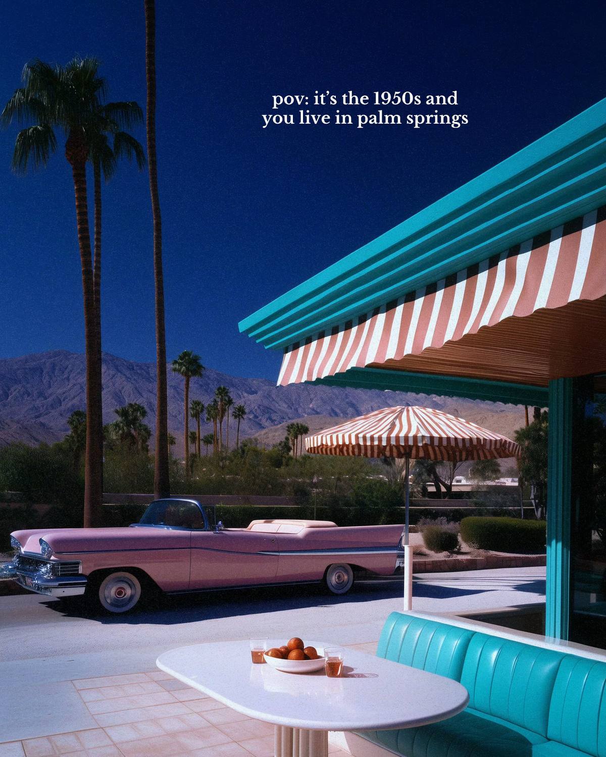 A post by @liminaldestinations on TikTok caption: POV: It’s the 1950s and you live in Palm Springs, California 🌴 [AI] I’ve been watching real footage from this era and place and can’t get enough of it 🥹  #50s #1950s #fifties #midcentury #midcenturymodern #atomicera #spaceage #palmsprings #retro #vintage 