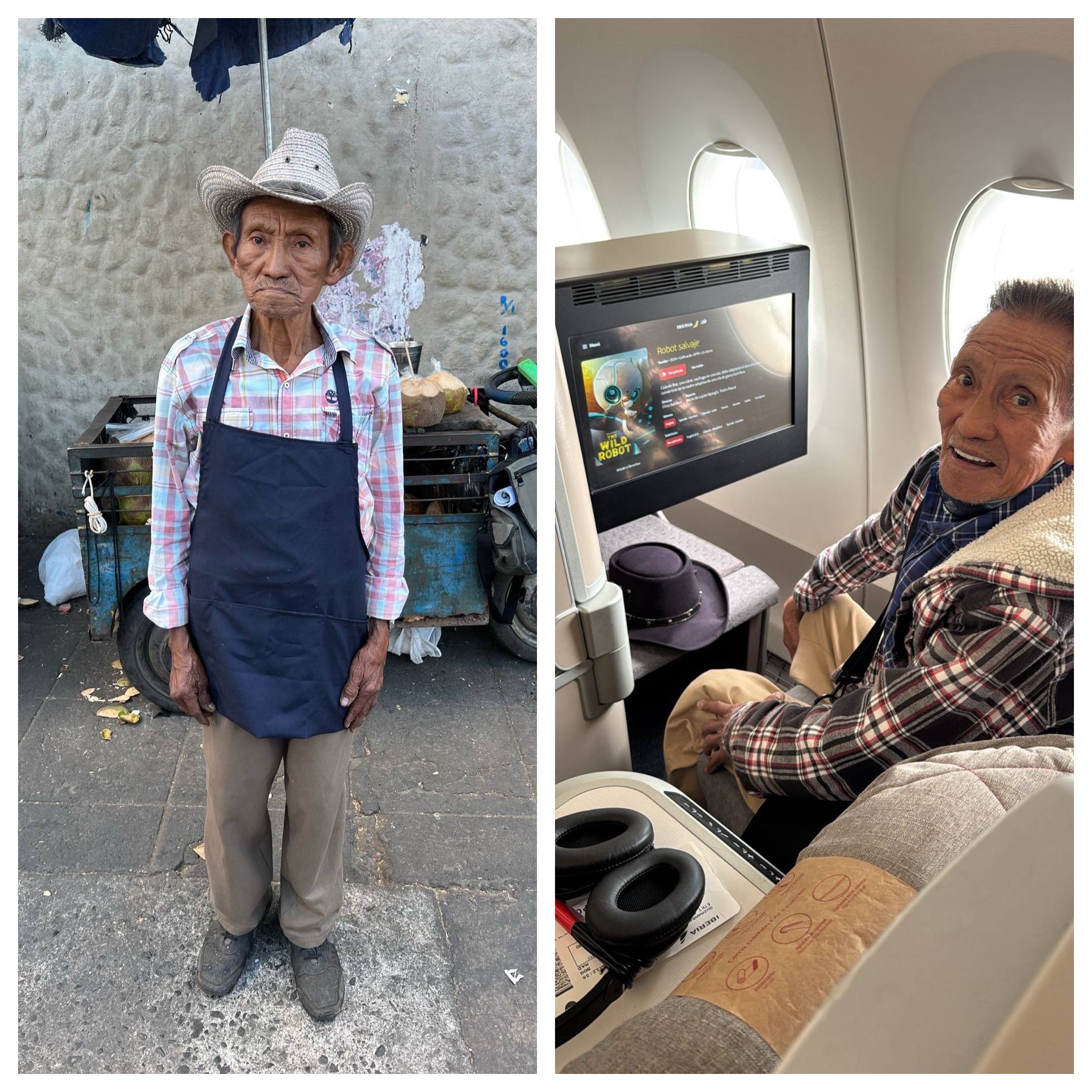 A post by @murphslife on TikTok caption: IMAGINE selling coconuts making a couple dollars a day in El Salvador to now flying 1st class around the world.  Spain here we come!! Your guys donations are giving Lorenzo the greatest trip any ambulante has EVER had!  If you’d like to sponsor a meal, flight, hotel.. just comment below (so far we’re all funded) but right now he’s loving it and asked if we could do 2 months 😆😆 I told him i cannot stay that long away from my daughter but a few days extra maybe jajaja ❤️🚀