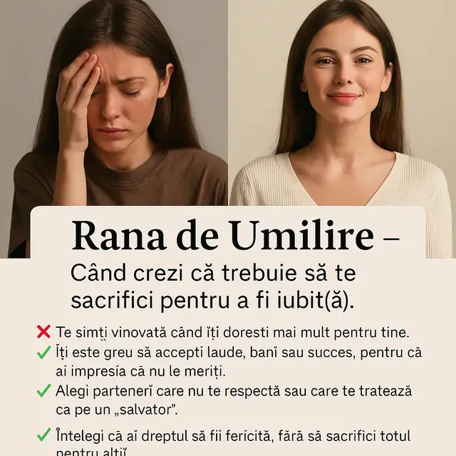 A post by @clauvass on TikTok caption: 𝗥𝗮𝗻𝗮 𝗱𝗲 𝗨𝗠𝗜𝗟𝗜𝗥𝗘... Când crezi că trebuie să te sacrifici pentru a fi iubit(ă)... Ai simțit vreodată că trebuie să îi pui mereu pe alții pe primul loc?  Că dacă îți permiți să fii fericit(ă) sau să ai succes, ești egoist(ă)? Că trebuie să îți înghiți cuvintele, nevoile și dorințele ca să fii acceptat(ă)?  𝗔𝗰𝗲𝗮𝘀𝘁𝗮 𝗲𝘀𝘁𝗲 𝗿𝗮𝗻𝗮 𝗱𝗲 𝗨𝗠𝗜𝗟𝗜𝗥𝗘.... Este rana celor care au fost făcuți să se simtă rușinați pentru cine sunt. Cei care, încă din copilărie, au fost criticați, controlați sau umiliți, învățând că a-ți exprima dorințele este greșit. Dacă ai această rană, probabil că ai crescut într-un mediu în care ai fost făcut(ă) să te simți „prea mult” sau „prea puțin”. Poate ai fost ridiculizat(ă) pentru felul tău de a fi. Poate ai fost tratat(ă) ca un copil „problematic” sau ai fost învățat(ă) că trebuie să faci sacrificii pentru a fi demn(ă) de iubire. Și acum, ca adult, continui să te pedepsești. 𝗖𝘂𝗺 𝘁𝗲 𝗰𝗼𝗺𝗽𝗼𝗿𝘁𝗶 𝗰𝗮𝗻𝗱 𝗿𝗮𝗻𝗮 𝗱𝗲 𝗨𝗠𝗜𝗟𝗜𝗥𝗘 𝗶𝘁𝗶 𝗰𝗼𝗻𝘁𝗿𝗼𝗹𝗲𝗮𝘇𝗮 𝘃𝗶𝗮𝘁𝗮.... ❌ Te simți vinovat(ă) când îți dorești mai mult pentru tine. ❌ Îți este greu să accepți laude, bani sau succes, pentru că ai impresia că nu le meriți. ❌ Îți ceri scuze excesiv, chiar și când nu ai greșit. ❌ Alegi parteneri care nu te respectă sau care te tratează ca pe un „salvator”. ❌ Te critici constant, crezând că trebuie să fii „mai bun(ă)” ca să fii acceptat(ă). ❌ Simți că trebuie să „demonstrezi” mereu că ești valoros/valoroasă prin sacrificii. 𝗖𝘂𝗺 𝘁𝗲 𝗰𝗼𝗺𝗽𝗼𝗿𝘁𝗶 𝗰𝗮𝗻𝗱 𝗿𝗮𝗻𝗮 𝗱𝗲 𝗨𝗠𝗜𝗟𝗜𝗥𝗘 𝗲𝘀𝘁𝗲 𝗩𝗜𝗡𝗗𝗘𝗖𝗔𝗧𝗔.... ✅ Înțelegi că ai dreptul să fii fericit(ă), fără să sacrifici totul pentru alții. ✅ Îți permiți să primești iubire, bani, succes și apreciere, fără vinovăție. ✅ Nu mai accepți relații în care ești tratat(ă) ca un „slujitor” sau un „salvator”. ✅ Îți exprimi opiniile și dorințele, fără să simți rușine. ✅ Înveți să spui „NU” fără teamă și să pui limite sănătoase. ✅ Te eliberezi de convingerea că trebuie să „muncesti din greu” ca să fii iubit(ă). Când te vindeci, înțelegi că nu trebuie să te faci mic(ă) pentru ca ceilalți să se simtă bine.  Ai voie să strălucești. Ai voie să fii puternic(ă). Ai voie să fii tu. 𝗗𝗘 𝗨𝗡𝗗𝗘 𝗩𝗜𝗡𝗘 𝗔𝗖𝗘𝗔𝗦𝗧𝗔 𝗥𝗔𝗡𝗔??? În majoritatea cazurilor, rana de umilire vine din relația cu mama. ➡️ Dacă ai avut o mamă excesiv de protectoare, critică sau care te-a controlat, este posibil să fi interiorizat ideea că dorințele tale sunt greșite. ➡️ Dacă ai fost ridiculizat(ă) în copilărie pentru cum arăți, cum vorbești sau ce îți dorești, ai învățat să te ascunzi. ➡️ Dacă ai fost învățat(ă) că „banii sunt murdari”, „nu e bine să te lauzi”, „nu e frumos să te pui pe primul loc”, acum te autosabotezi. Pentru a te elibera, trebuie să vindeci relația cu mama prin iertare, acceptare și eliberarea emoțiilor reprimate. 𝗖𝘂𝗺 𝗶𝗻𝗰𝗲𝗽𝗶 𝘃𝗶𝗻𝗱𝗲𝗰𝗮𝗿𝗲𝗮? ✔️ Pasul 1: Conștientizează unde și când te simți umilit(ă) sau vinovat(ă) fără motiv. ✔️ Pasul 2: Învață să te apreciezi și să îți permiți să fii fericit(ă), fără rușine. ✔️ Pasul 3: Vindecă relația cu părintele asociat acestei răni (de obicei, mama). ✔️ Pasul 4: Reprogramează subconștientul pentru a elimina credințele toxice despre iubire, bani și succes. Ești pregătit(ă) să te eliberezi? Dacă simți că această rană te-a ținut captiv(ă) prea mult timp,  te invit la o ședință privată de Repogramare a subconștientului  sau în ghidul de 14 zile pentru a lucra pe conceptul de sine! Într-o ședință privată de Repogramare a Subconștientului,  identifici și eliberezi convingerile care te limitează instant... ✅ În programul ghidului de 14 zile, vei învăța să: ✔️ Identifici și eliberezi convingerile care te limitează ✔️ Te iubești și să îți permiți să primești fără vinovăție ✔️ Pui limite sănătoase în relații ✔️ Te eliberezi de auto-sabotaj și să îți creezi viața pe care o meriți Scrie-mi „VREAU ÎN PROGRAM” și îți voi trimite toate detaliile. Nu trebuie să trăiești în umilință și sacrificiu toată viața. Poți alege să te eliberezi.