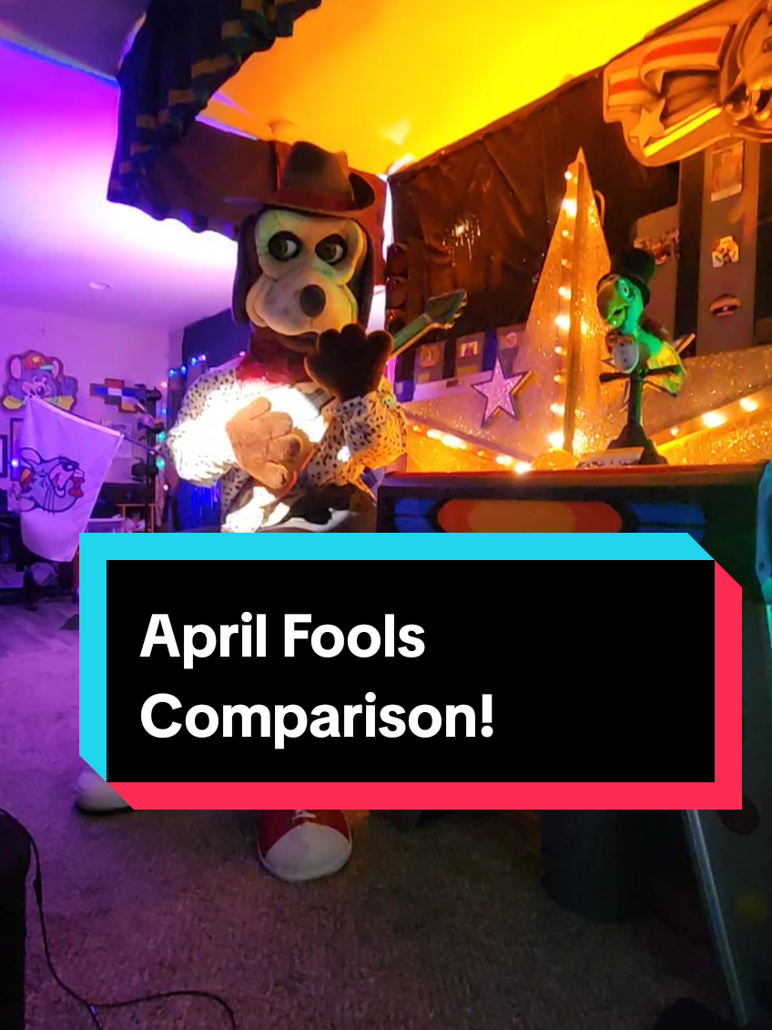 A post by @mattthefranchize on TikTok caption: For those who watched on April 1st. This is the comparison of what the "perfect" stage condition versus the actual perfect condition. A lot of movements and lights out. #ChuckECheese #ForYou #ForYouPage ##FYP #fypシ #JasperTJowls #Reggie #Animatronic #Robot #Stage #Lights #Lighting #Aesthetic #AprilFools #JustLikeThis 