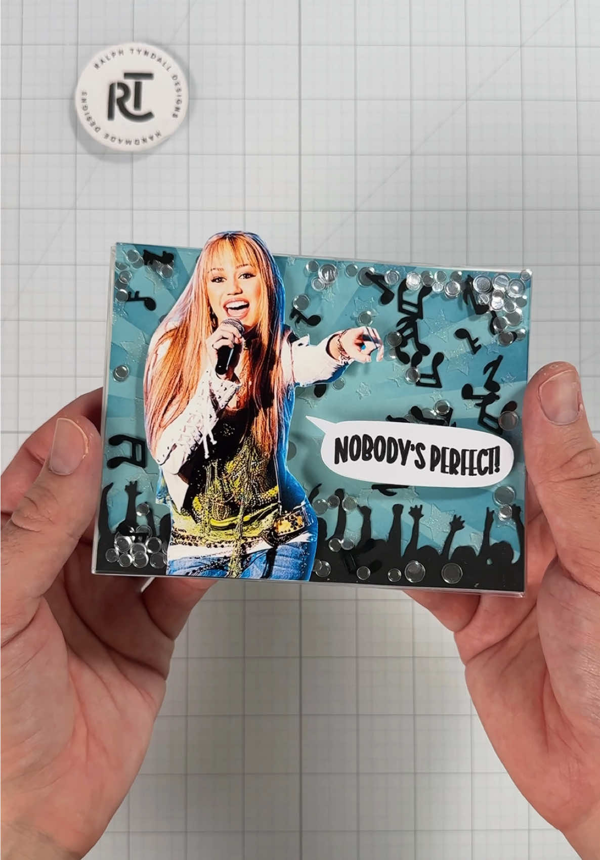 A post by @ralphtyndall on TikTok caption: Nobody’s perfect…but this card might be  😌 @Miley Cyrus  #hannahmontana #asmr #cardmaking #craft #mileycyrus 
