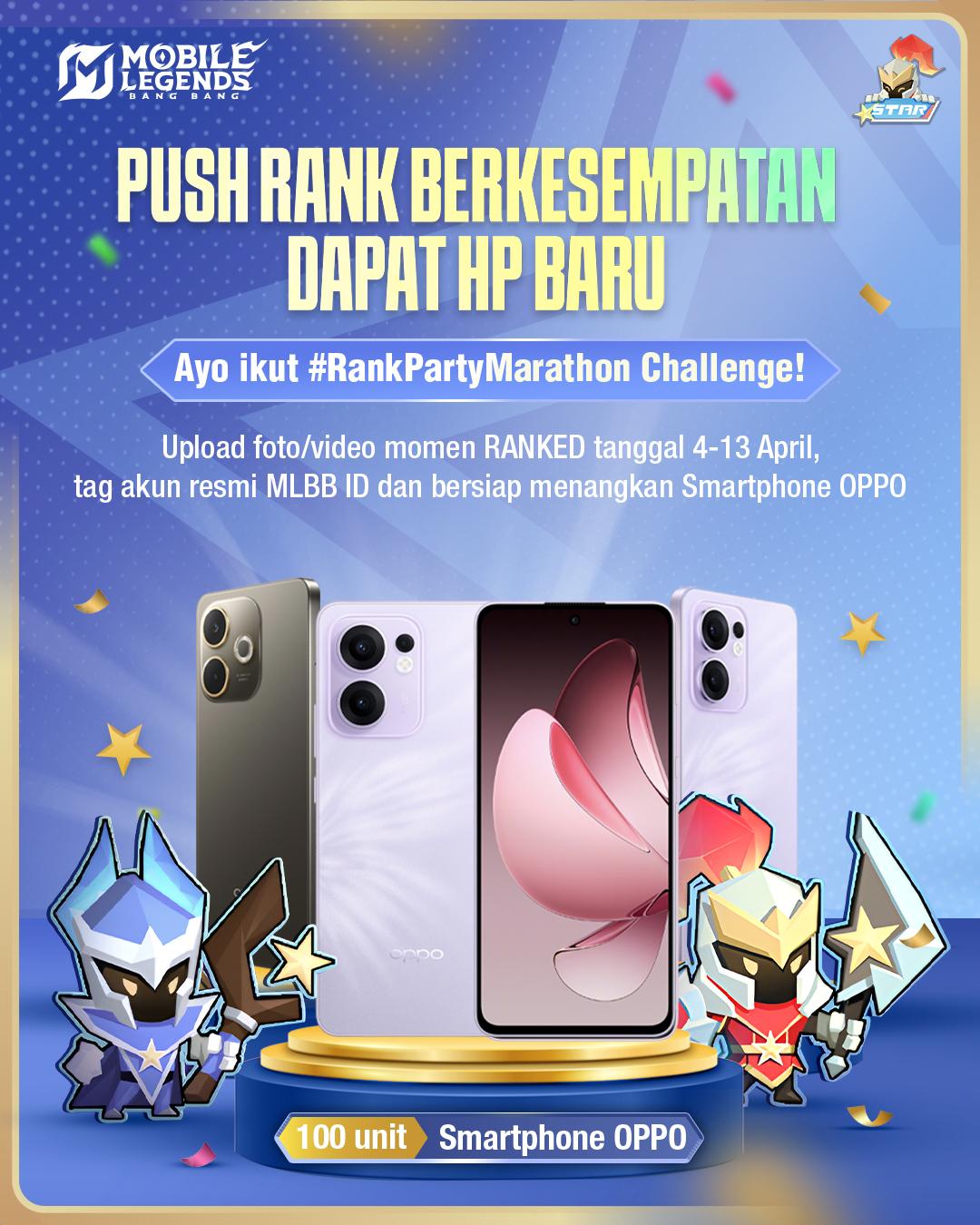 A post by @mobilelegends_id on TikTok caption: Push Rank bisa dapat HP gratis 😍 Yuk ikutan #RankPartyMarathon Challenge sekarang! 🤩 Caranya gampang banget: 1.⁠ ⁠Upload foto/video momen RANKED (misalnya highlight gameplay, hasil pertandingan, status rank kamu, history pertandingan, dll) tanggal 4-13 April 2025 2.⁠ ⁠⁠Pakai hashtag #RankPartyMarathon 3.⁠ ⁠⁠Tag / mention akun resmi MLBB ID, @realmobilelegendsid (IG) atau @ mobilelegends_id (TikTok) atau @ MobileLegends_Indonesia (YouTube). Jangan lupa follow terus MLBB ID sambil tunggu pengumuman pemenang ✨ Semoga beruntung, guys! #MLBB #MobileLegendsBangBang #RankPartyMarathon #MLBBRankParty #MLBBChallenge 