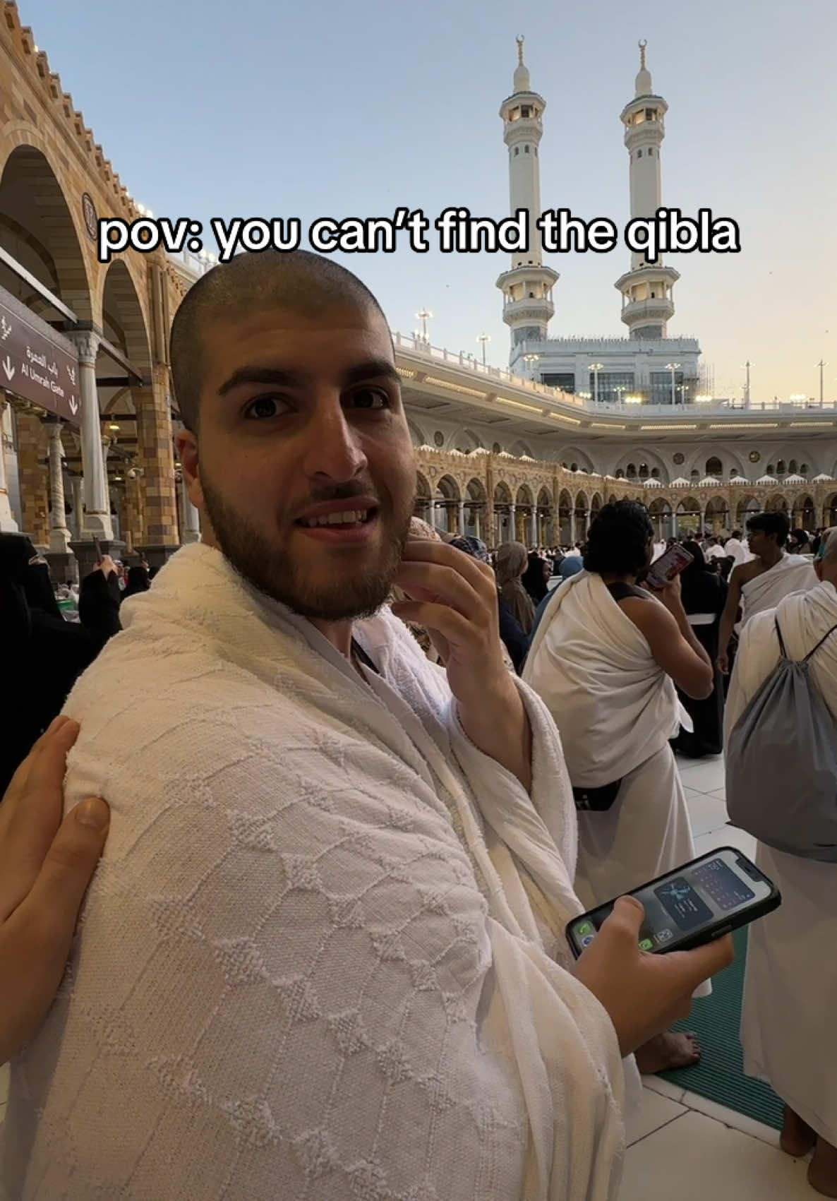 A post by @thepillarsapp on TikTok caption: pov you can’t find the qibla 🧭 . . . *This was filmed when neither of us were doing any form of ibadah.
