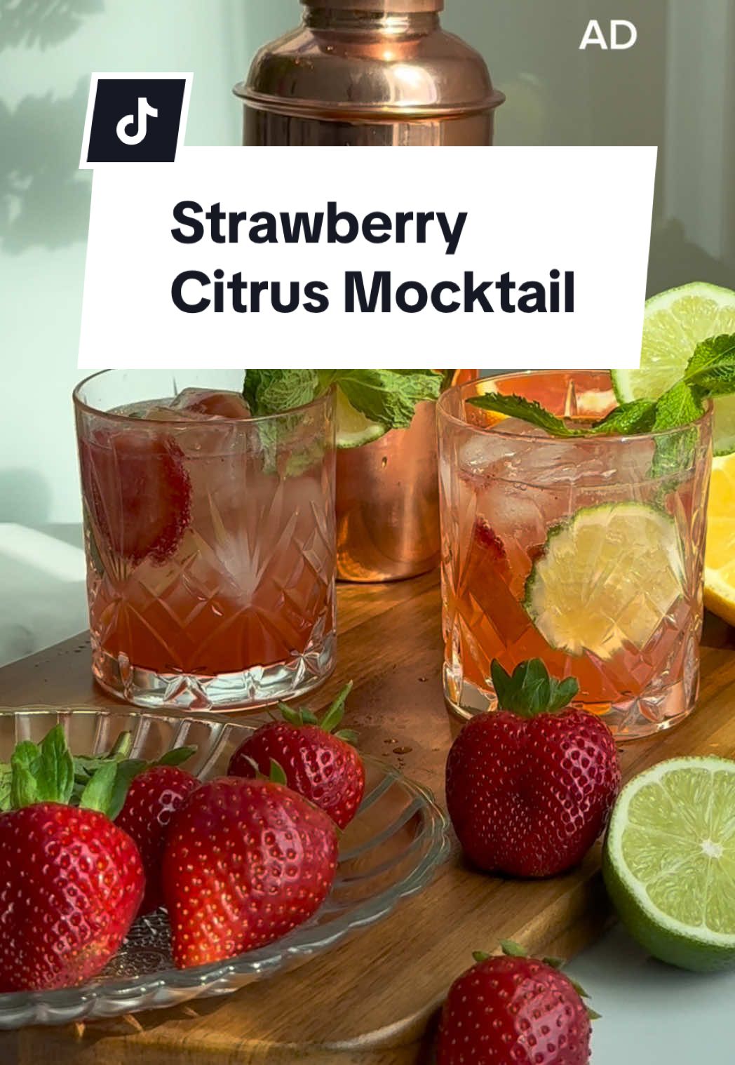 A post by @vivaciousgourmet on TikTok caption: #AD Introducing the Strawberry Citrus Spritzer Mocktail – the ultimate refreshing drink to brighten up any occasion and welcome Spring weather! Bursting with the natural sweetness of @California Strawberries the tangy zest of citrus, and a hint of fresh mint, this mocktail is the perfect way to celebrate the vibrant flavours of Spring.  Sip, relax, and enjoy!  Ingredients:  ·         1 cup Fresh California Strawberries, washed & sliced  ·         1/2 Orange, juiced  ·         1/2 Lemon, juiced  ·         1/2 Lime, juiced  ·         1 cup Sparkling Water (or more for desired fizz)  ·         1-2 sprigs Fresh Mint, plus extra for garnish  ·         Optional: 1-2 tsp Maple Syrup  Instructions:  1.      In a cocktail shaker, add the strawberries, mint, orange, lemon, lime juice and maple syrup. Gently muddle the fresh mint leaves to release their aroma and flavour.  2.      Add ice and shake well in cocktail shaker  3.      Fill glasses with ice, pour the strawberry citrus mixture over the ice, and top with sparkling water, garnish with extra mint leaves or a thin slice of lime or lemon.   Sip on this refreshing, sun-kissed spritzer and enjoy the bright flavours of California strawberries and zesty citrus.  #Californiastrawberries #Mocktails #StrawberrySpritzer   