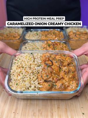 A post by @jalalsamfit on TikTok caption: High Protein Caramelized Onion Creamy Chicken🍗🧀🧅 There’s no reason to be meal prepping plain chicken & rice! This tastes absolutely incredible, so rich and creamy with great macros🤌🏽 Macros Per Serving (5 Total) 609 Calories | 56g Protein | 56g Carbs | 17g Fat Ingredients (Makes 5) Chicken & Seasoning  - 1000g Raw Chicken Breast, cubed - 1.5 Tsp Salt - 1.5 Tsp Black Pepper - 2 Tsp Garlic Powder - 2 Tsp Oregano - 2 Tsp Smoked Paprika - 2 Tsp Dried Basil - 3 Tsp Olive Oil - 10g Reduced Fat Butter (for cooking) • Cook on medium high heat for 5 mins each side till golden brown and juicy. Cook in batches till all chicken is cooked then set aside Caramelized Onion Creamy Sauce - 20g Reduced Fat Butter - 350g Red or White Onion, finely sliced - 1/2 Tsp Salt - 1/2 Tsp Black Pepper - 1 Tsp Smoked Paprika - 1 Tsp Chilli Flakes - 80g Sundried Tomatoes, drained and chopped - 10g Minced Garlic - 380g 1% Milk or Skimmed Milk - 180g 50% Fat Cream Cheese - 50g Parmigiano Reggiano, grated - 1 Tbsp Fresh Parsley, chopped • Cook onions in light butter for 10-12 mins mixing every 4-5 mins till soft and caramelized. Cook longer if needed. • Lower the heat when adding the milk and cream cheese. Stir gently till melted and smooth. Lemon Butter Herb Rice - 10g Reduced Fat Butter - 15g Minced Garlic - 1/2 Tsp Salt or to taste - 2 Tsp Mixed Herbs - 250g Uncooked Basmati Rice/600g Cooked - 1.5 Tsp Lemon Zest - Juice of 1/2 Lemon Don’t forget to check out my Digital Cookbooks with 230+ High Protein Delicious Recipes!👨‍🍳❤️ . . . . #caramelizedonions #creamychicken #chicken #chickenrecipes #chickenrice #garlicbutter #chickenandrice #highprotein #highproteinmeals #mealprep #weightloss #healthyrecipes #easyrecipes #mealprepideas #macrofriendly #jalalsamfit 