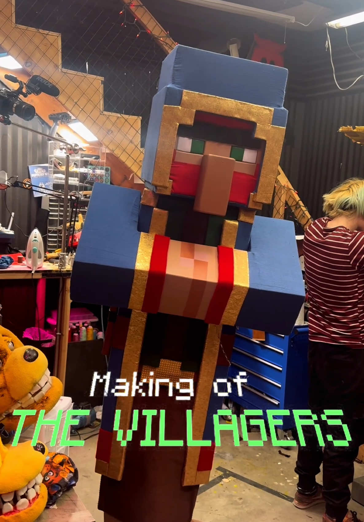 A post by @daregularsauce on TikTok caption: We built suits of the Villagers from Minecraft for @Socks!  Here’s a look at some of the build process- a full video will be coming out on my YT on the 5th!  #Minecraft #cosplay #villager #minecraftbuilding #minecraftmovie #minecrafter #makingof #cosplayer 