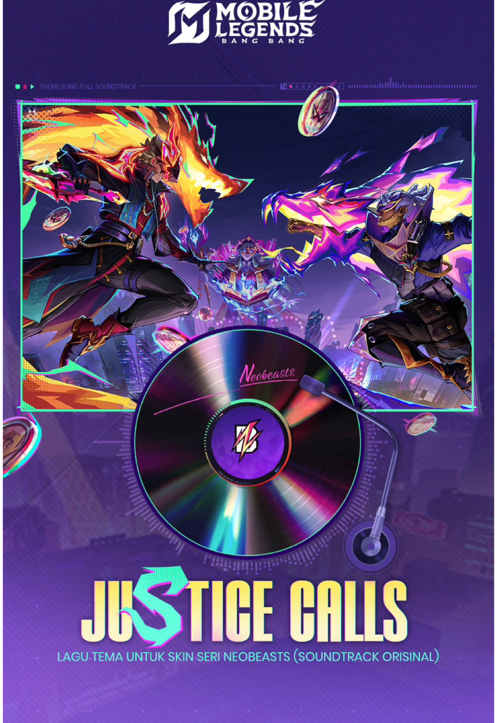 A post by @mobilelegends_id on TikTok caption: Skin seri Neobeasts baru Pharsa "Neobeast Pharsa", Brody "Neobeast Brody", dan Ling "Neobeast Ling" akan segera hadir! Lagu tema seri "Justice Calls" akan dirilis bersamaan. Tonton videonya untuk mendengarkan soundtrack orisinal lagu tema sekarang! #MobileLegendsBangBang #mlbbnewskin #MLBBNeobeasts 