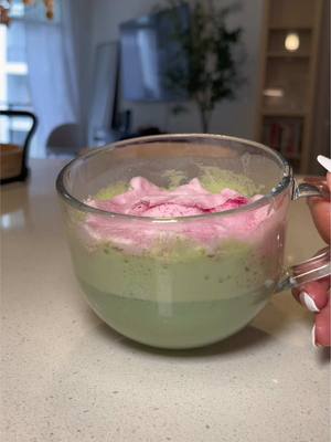 A post by @jaylonbrooke on TikTok caption: So yummy! 😋 & lactose Free. Recipe ⬇️ Dragonfruit powder Almond Milk (homemade) Whipped cream (homemade used whipped egg whites)  Ryze Mushroom Matcha  Honey   #matcha #pilatesprincess 