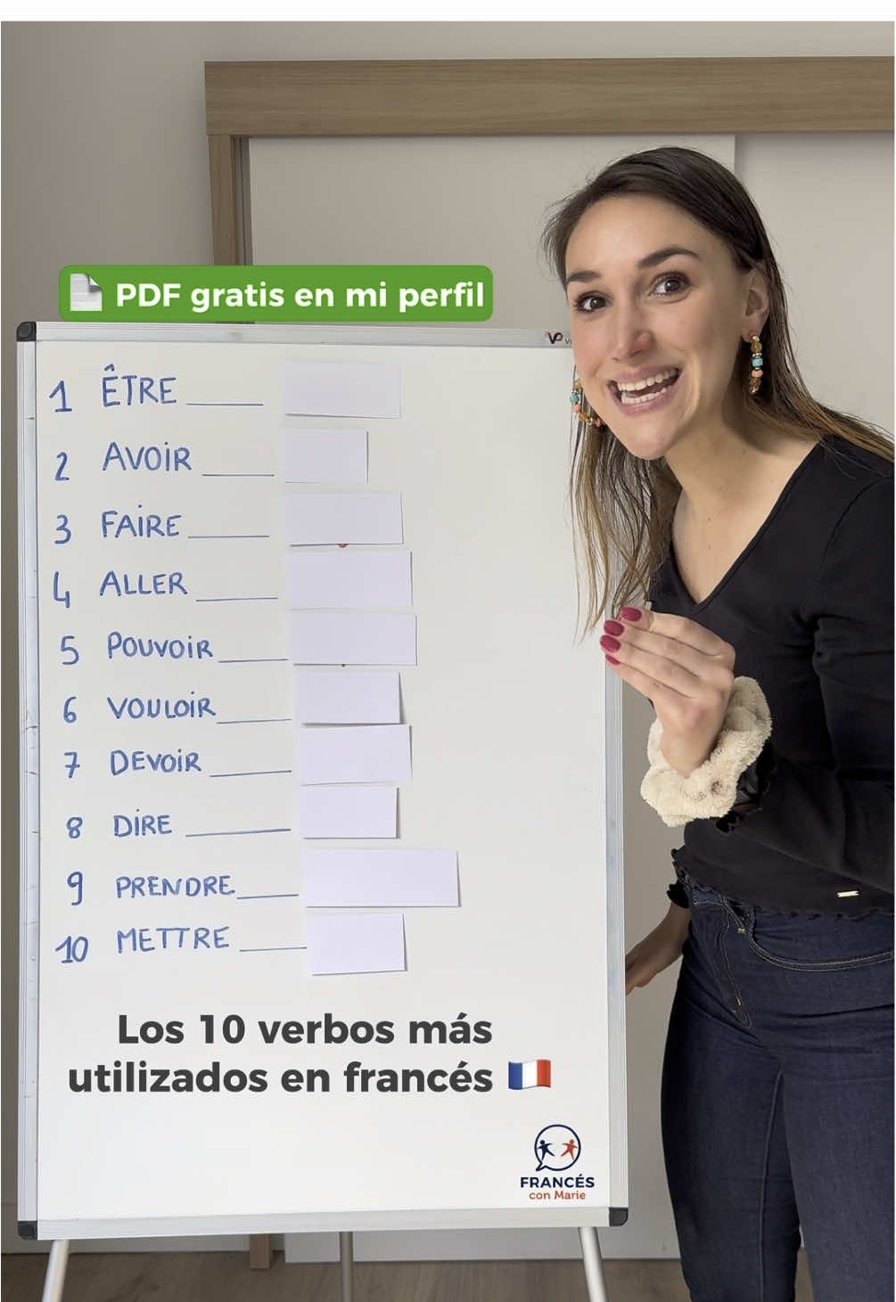 A post by @francesconmarie_ on TikTok caption: Los 10 verbos más utilizados en français 🇫🇷 Vete en mi perfil para descargar gratuitamente el PDF ⬇️ Lo que vas a recibir :  ✅ Lista de los 10 verbos más comunes en francés  ✅ Traducción al español ✅ Ejemplos de frases simples para usarlos en la vida real #clasesdefrances #frances #francia #french #frenchlanguage #idiomas #francés #france #francesfacil 
