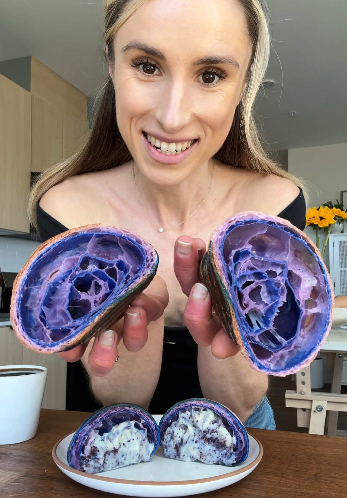 A post by @jeshastevens on TikTok caption: Blueberry croissants 🦋 #croissant #pastry #baking #dessert #sourdough 