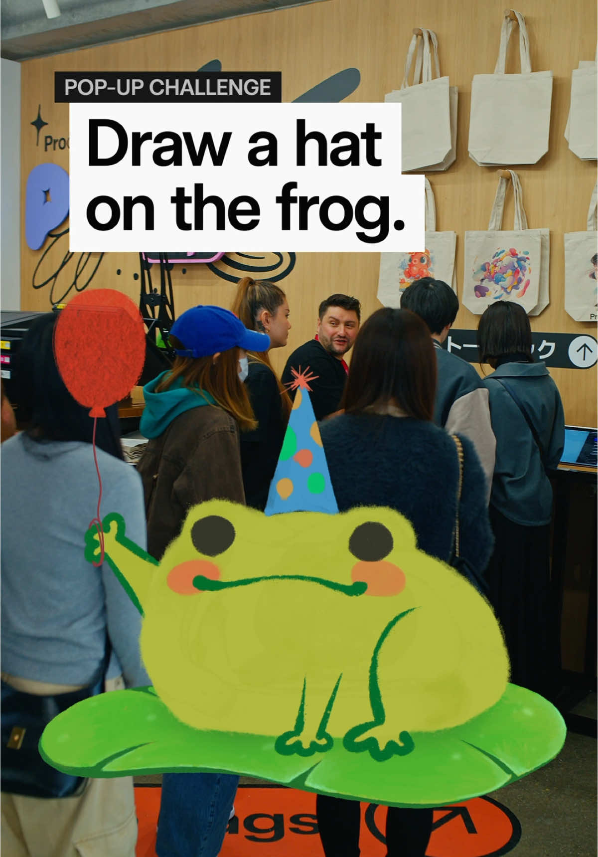 A post by @procreate on TikTok caption: We have a frog — and he needs a hat. So we asked some Tokyo creatives at our Pop-up to draw him one 🧢✨ #Procreate 